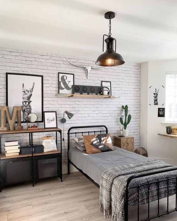 Quarto de solteiro. Decoração industrial no quarto de solteiro.