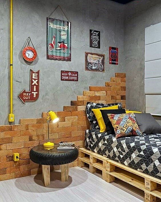 Decoração industrial no quarto. Quarto de adolescente