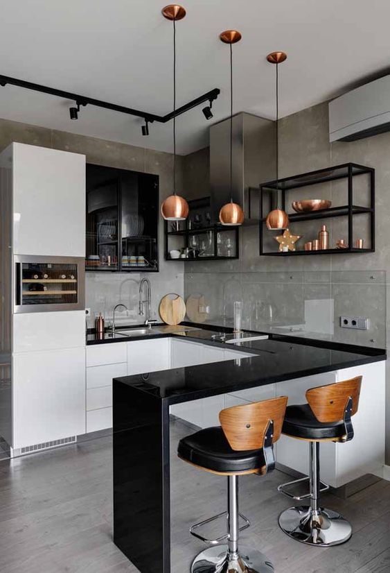 Cozinha pequena estilo industrial. Decoração industrial na cozinha.