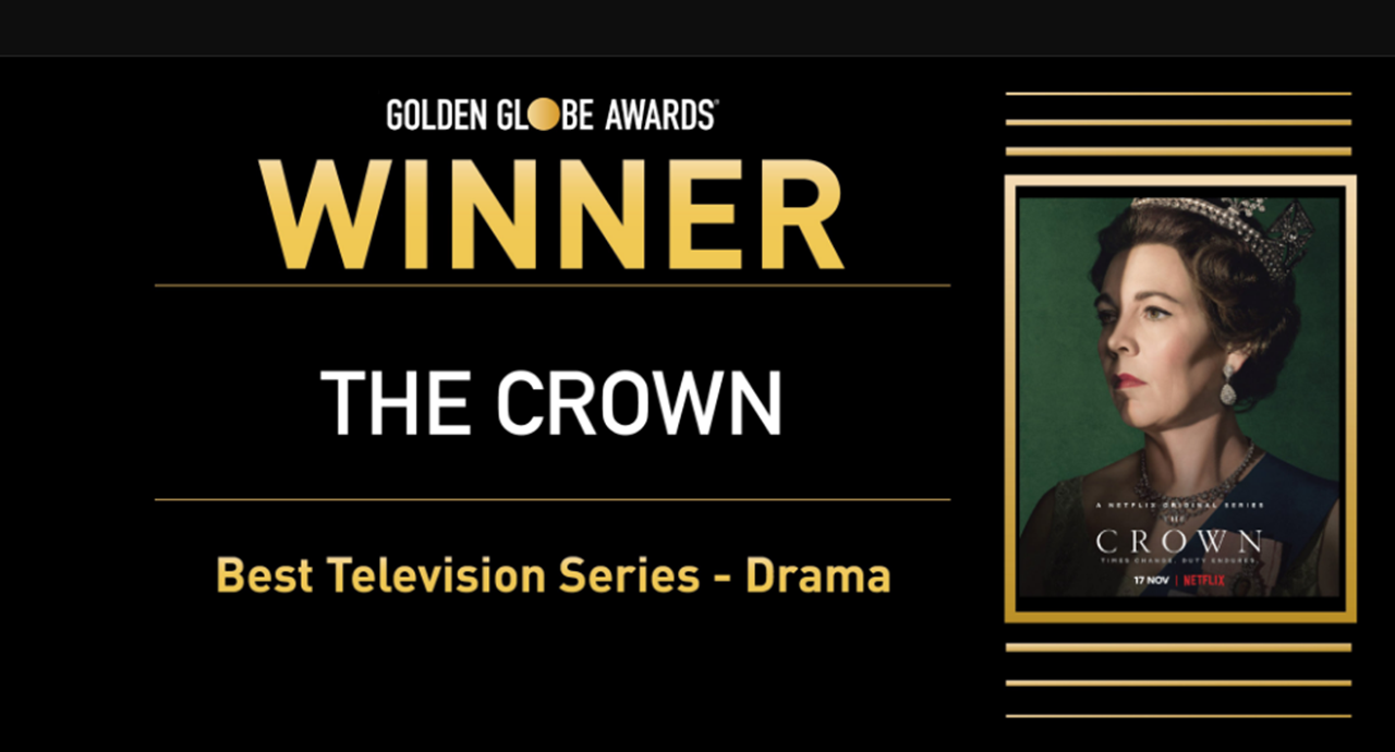 Banner de vencedor do Globo de Ouro 2021 com premiação para a série "The Crown", da Netflix.