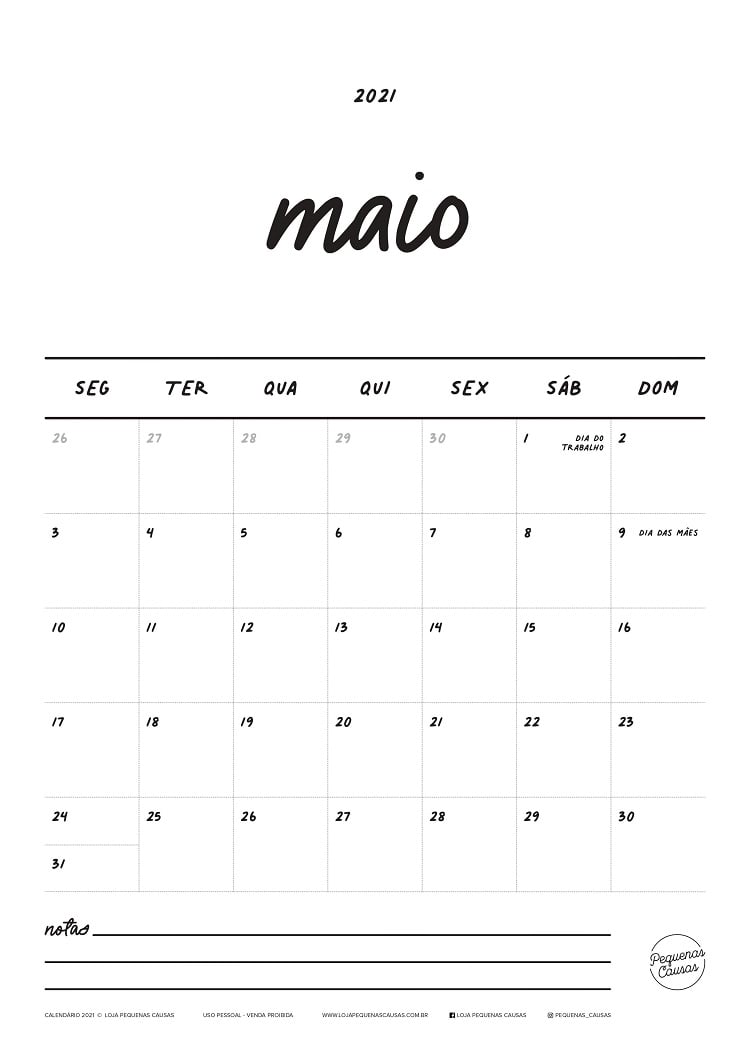 calendário do mês de maio para imprimir