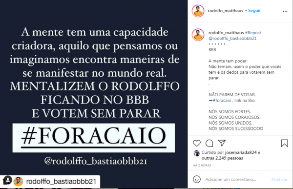 Instagram Rodolffo pede eliminação do amigo do cantor