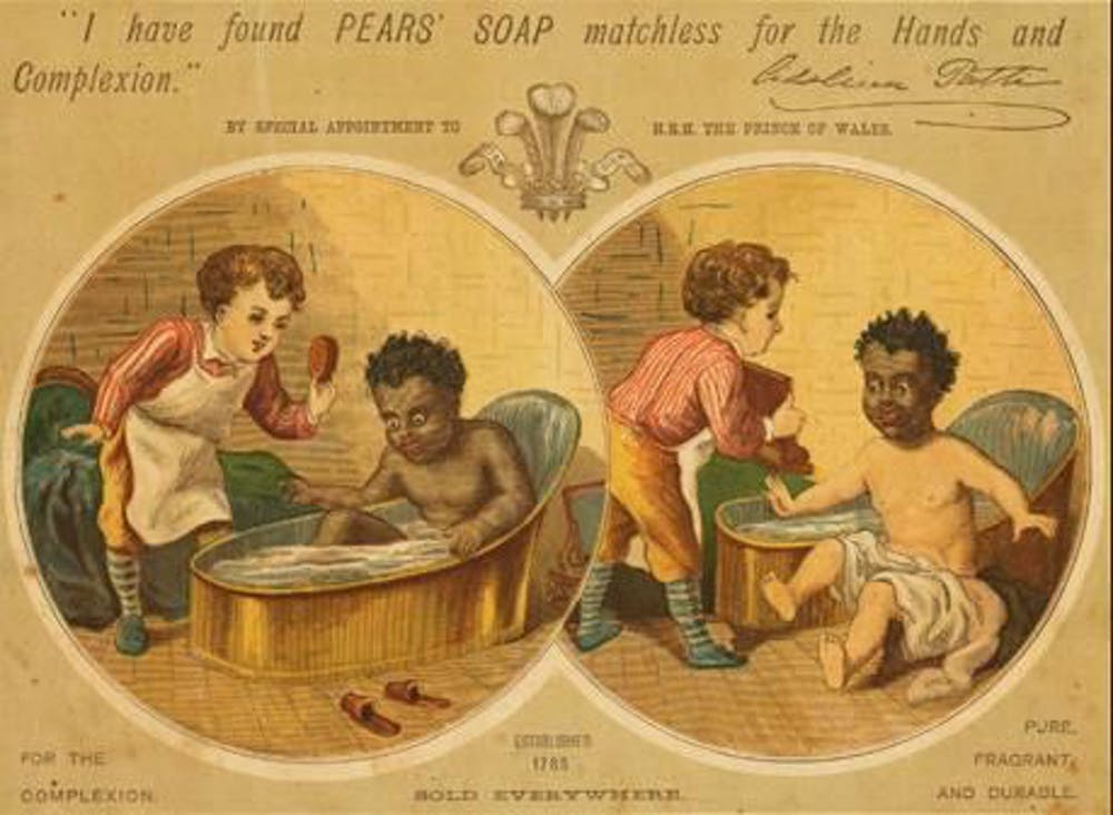 Propaganda do Pears’ soap coma ilustração de uma criança negra sendo lavada e branqueada, como se a sua cor se tratasse de sujeira, 1884. 