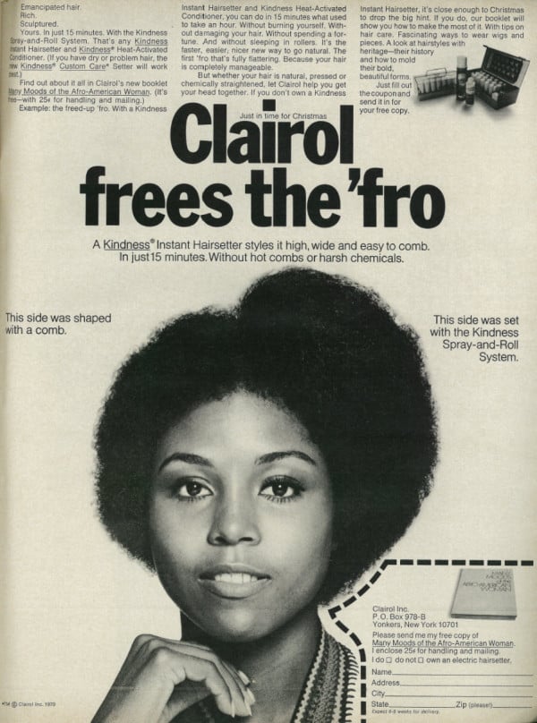 Propaganda de um produto para liberar o cabelo Black Power. 