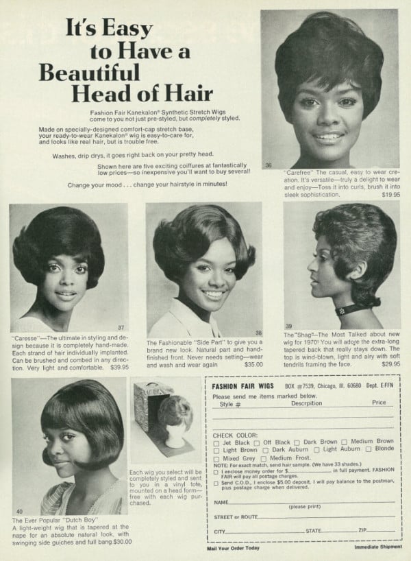 Propaganda com vários tipos de perucas, onde se lê "É fácil ter um cabelo bonito".