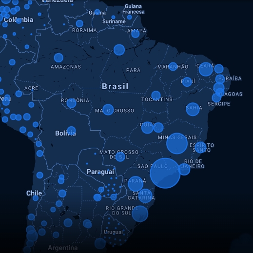 Visão em mapa dos casos de Covid-19.