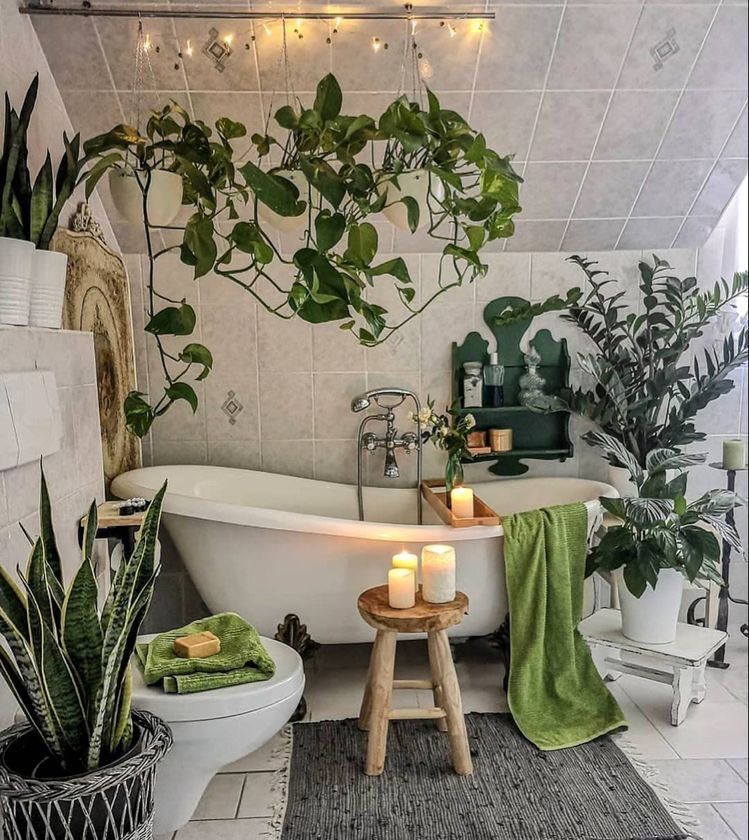 Banheiro com banheira e muitas plantas.