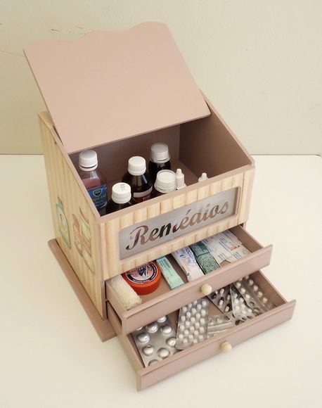 Caixa de remédios com xaropes, comprimidos e pomadas.