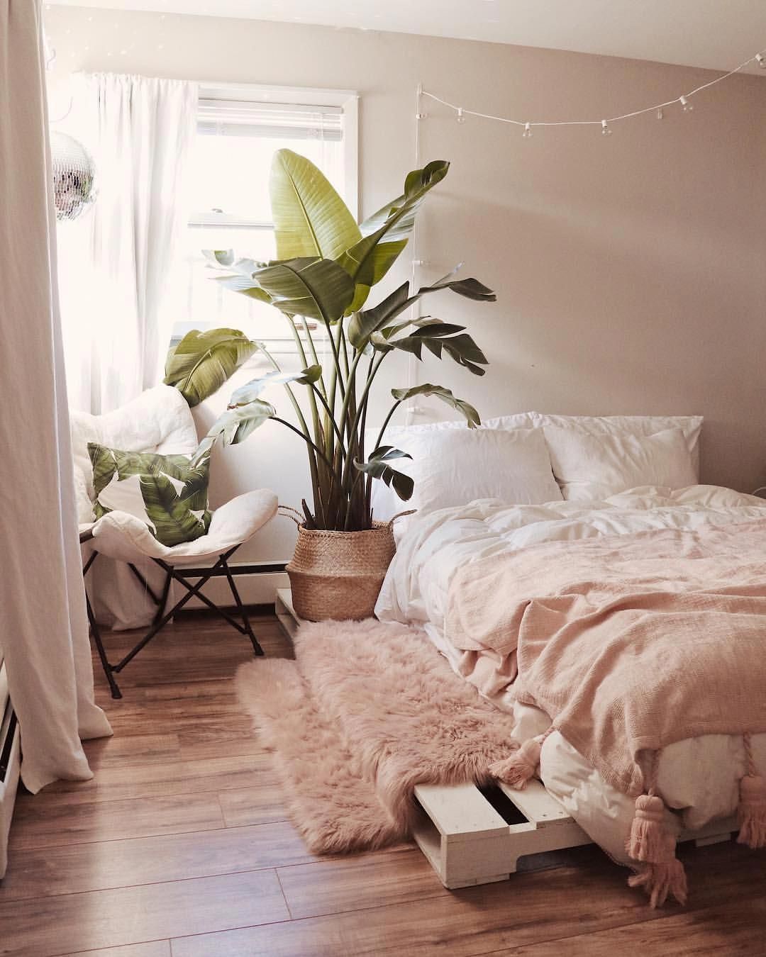 Vaso de plantas ao lado da cama.