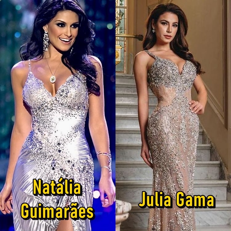 Natália Guimarães no Miss Universo 2007 e Julia Gama no Miss Universo 2021.