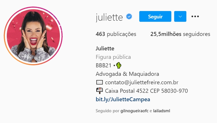 Seguidores no Instagram de Juliette, 05/05/2021. 