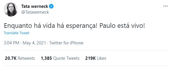Tatá Werneck afirma que Paulo Gustavo está vivo
