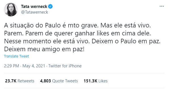 Tatá Werneck afirma que Paulo Gustavo está vivo