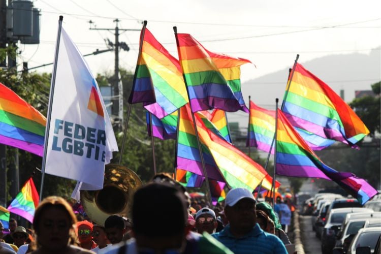 Pessoas na rua erguendo bandeiras LGBT 
