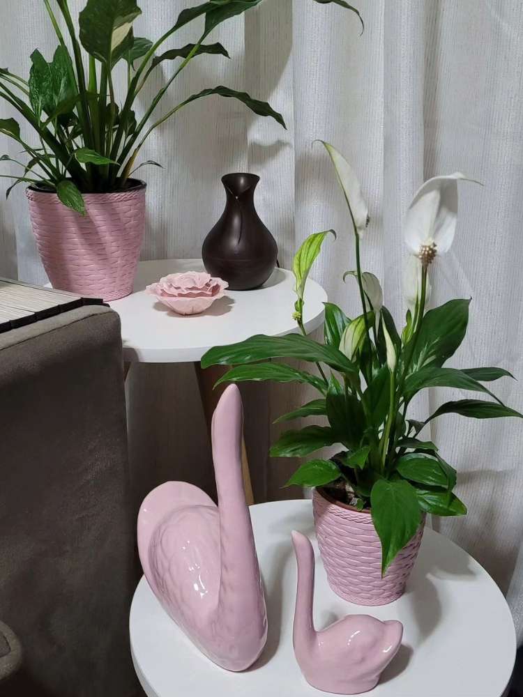 Cantinho de mesas com vasos em rosa e Lírio da Paz
