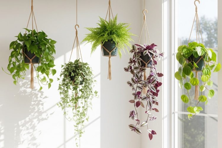 Uma linha de cinco vasos de plantas penduradas contra uma parede branca e uma janela. Da esquerda para a direita, as plantas são: uma hera-do-diabo, uma hera inglesa, uma samambaia, uma tradescantia zebrina e uma jiboia.
