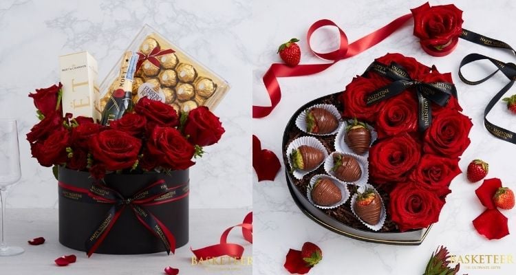 caixa de chocolates e rosas vermelhas