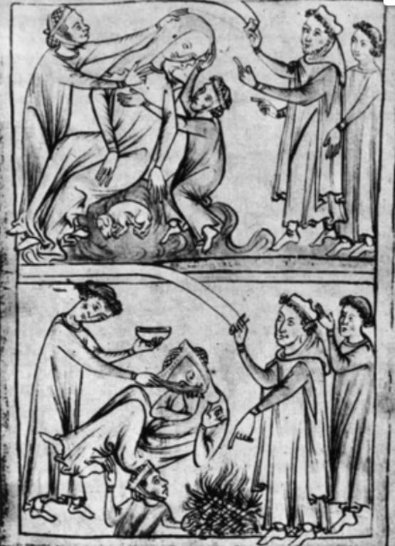 Ilustração representando cenas da morte de São Valentim. 
