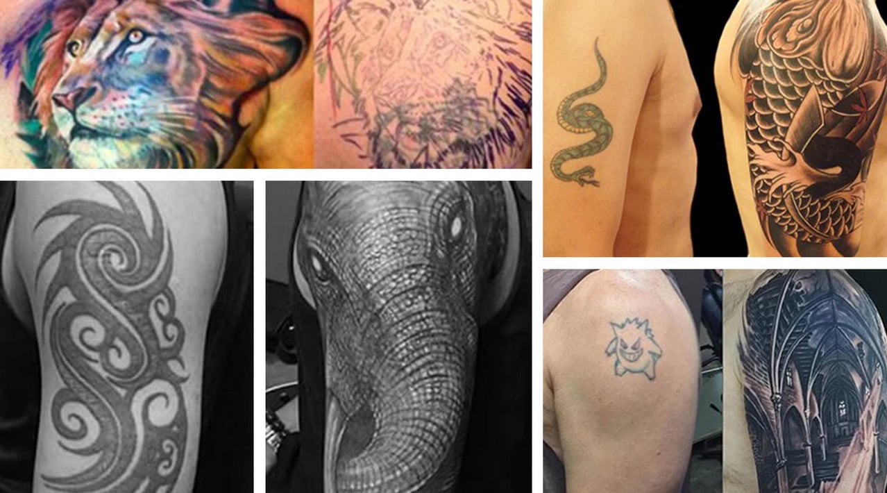 montagem com antes e depois de tatuagens que foram cobertas - Cover-up