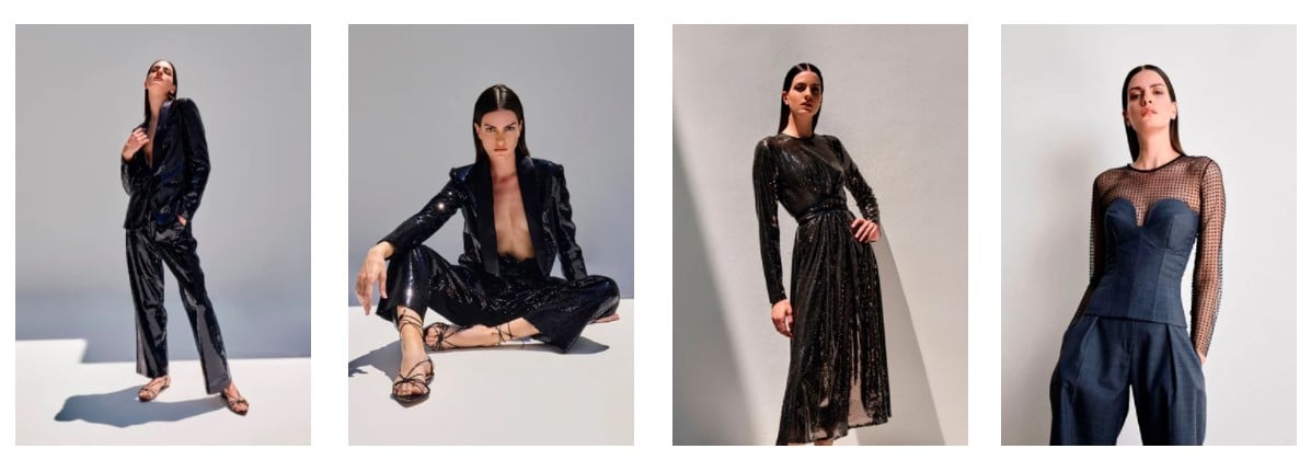 Diferentes modelos de roupas pretas da Coleção Renascimento Inverno 2021 de Vitor Zerbinato. 