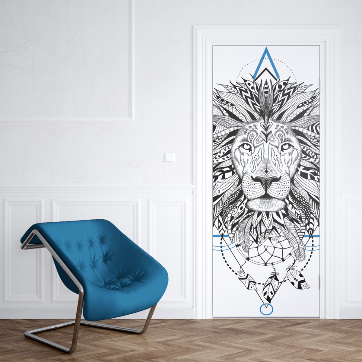 Porta adesivada em preto e branco. Leão.