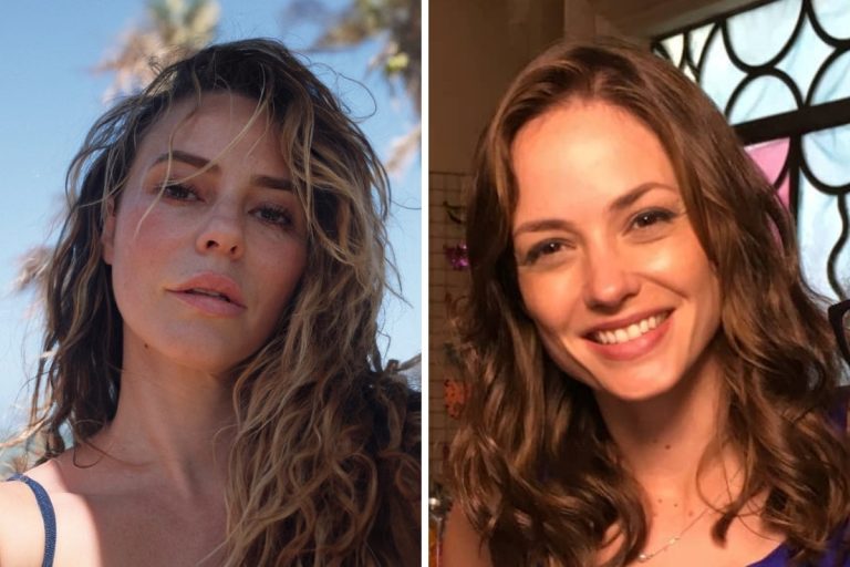 A imagem mostra duas mulheres em retratos distintos. À esquerda, uma mulher de cabelos longos soltos veste blusa azul e expressa naturalidade. À direita, outra usa um top branco com transparências, cabelo preso, brincos grandes e pose confiante.