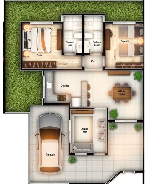 Uma suíte e um quarto simples com duas camas.