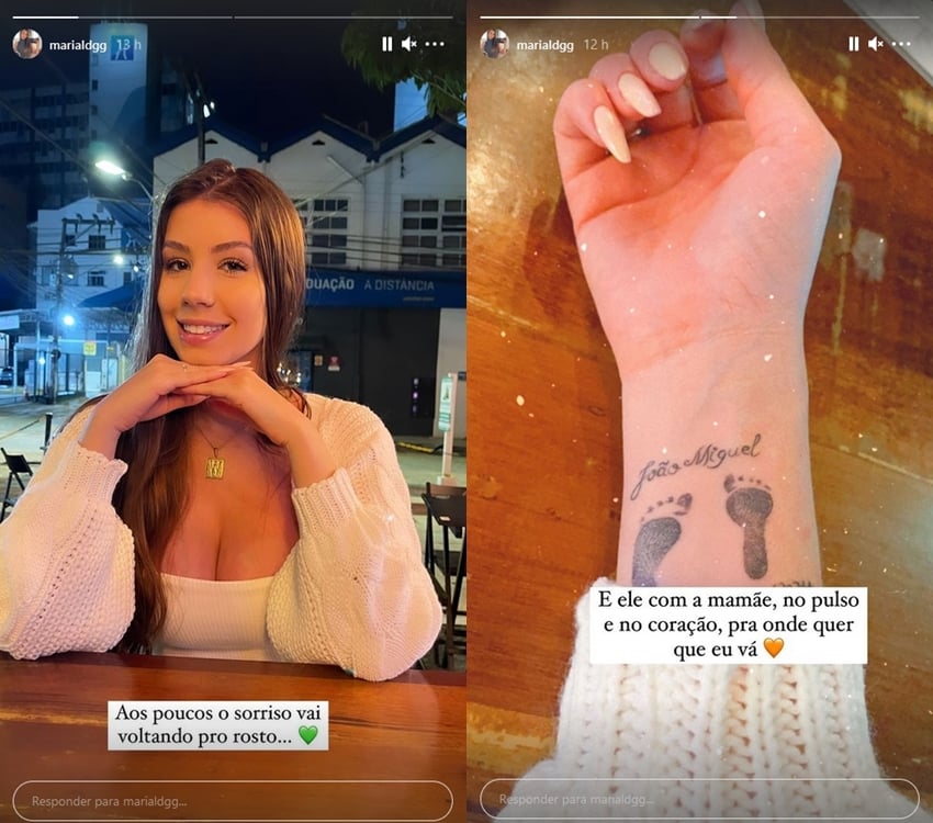 Print do stories do Instagram de Maria Lina, que mostra foto dela sorrindo e tatuagem no pulso.