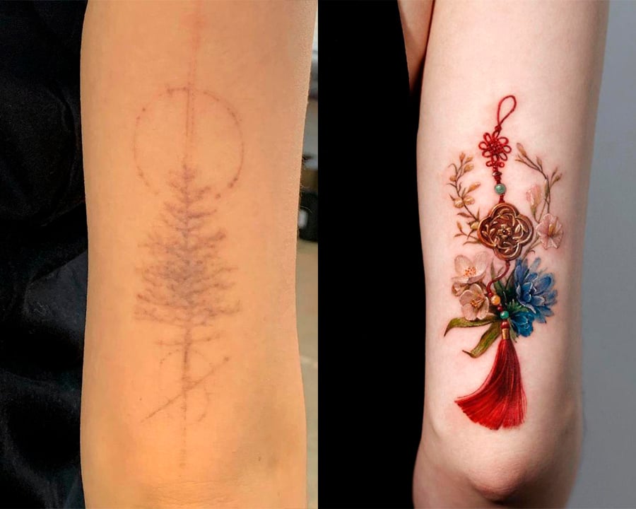 Antes e depois da cobertura de tatuagem. A primeira imagem mostra uma tatuagem de um pinheiro muito desbotada no braço de alguém. A segunda imagem é desse mesmo local, mas agora com uma tatuagem colorida cheia de flores e detalhes.