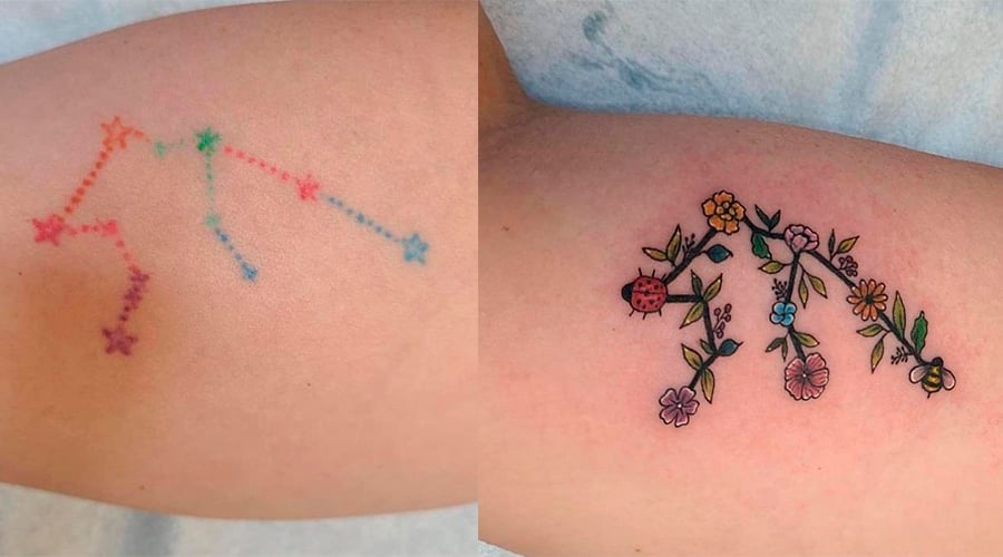 Duas fotos lado a lado. A primeira imagem é do braço de alguém com a tatuagem colorida de uma constelação. A segunda é uma tatuagem do formato da das constelações, mas cheia de flores e insetos coloridos.