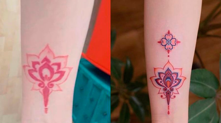 Cobertura de uma tatuagem de um símbolo em vermelho, por uma do mesmo símbolo mas mais colorido e intenso.