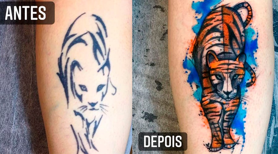 Duas fotos lado a lado. A primeira do outline de um felino feito em tinta preta. Na segunda foto é o mesmo outline, mas foi aproveitado pelo artista para fazer a tatuagem de um tigre colorido. 