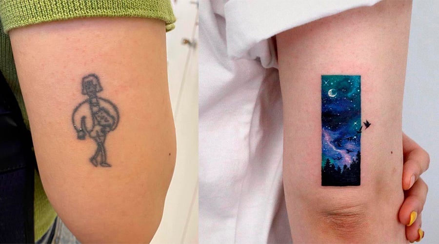 Duas fotos da parte de trás do braço de alguém. Na primeira a pessoa tem uma tatuagem desbotada de um bonequinho. Na segunda essa tatuagem está coberta por uma tatuagem de uma paisagem a noite, colorida.