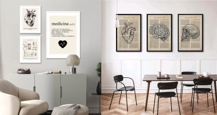 Montagem com dois kits de quadros decorativos para consultório de médico