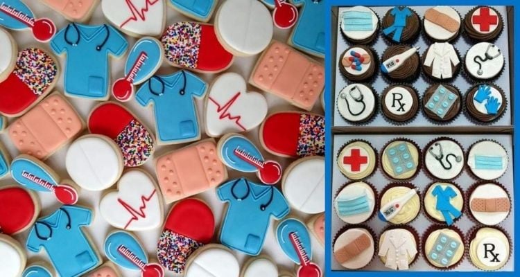 Montagem com foto de biscoitos e cupcakes com tema Medicina