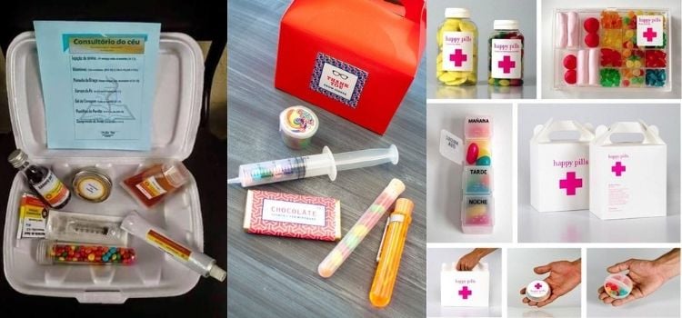 Montagem de três kits de doces com tema Medicina