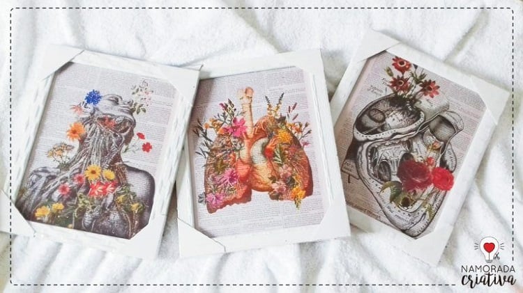 Três quadros com colagem de órgãos e flores