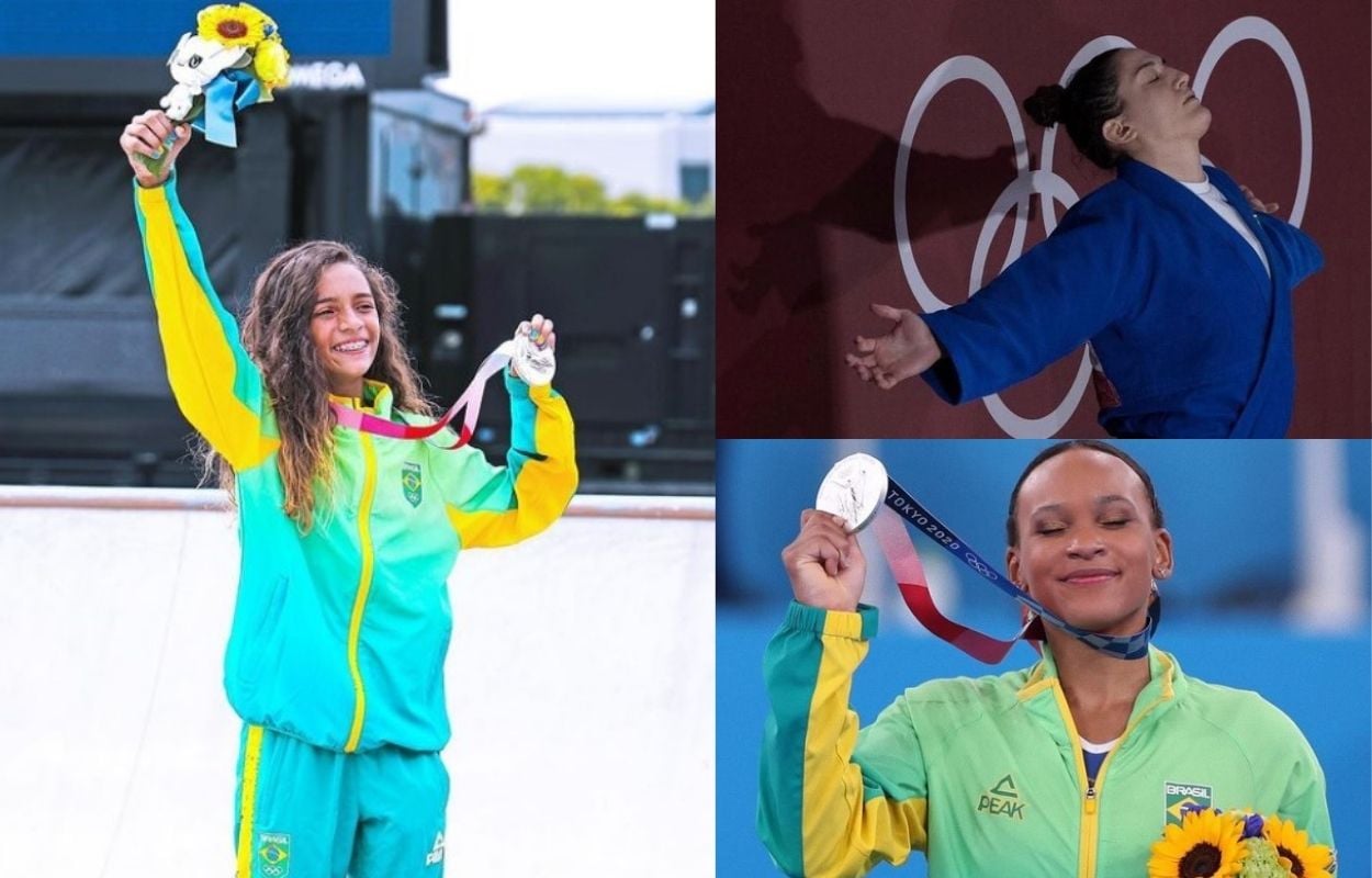 montagem com fotos de mulheres nas Olimpíadas: Rayssa Leal, Mayra Aguiar e Rebeca Andrade