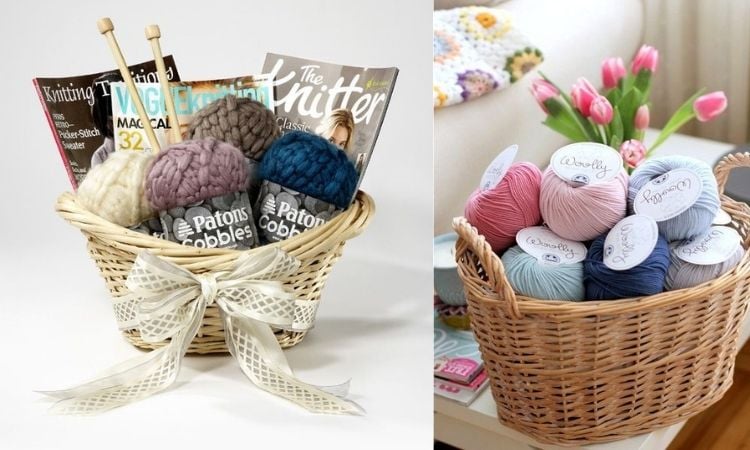 cesta com materiais de tricô