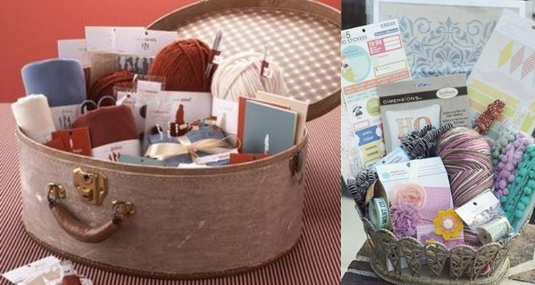 cesta com materiais de crochê