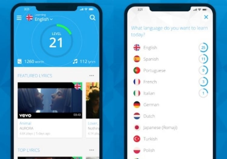 capturas de tela mostrando o app para aprender idiomas com música