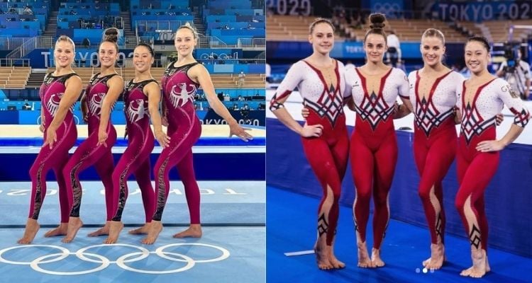 Montagem com duas fotos das ginastas alemãs nas Olimpíadas 2021