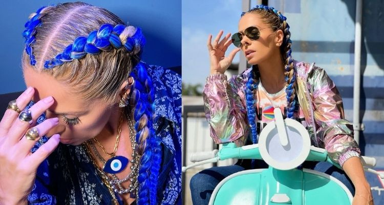 duas fotos de Adriane Galisteu com tranças boxeadoras coloridas