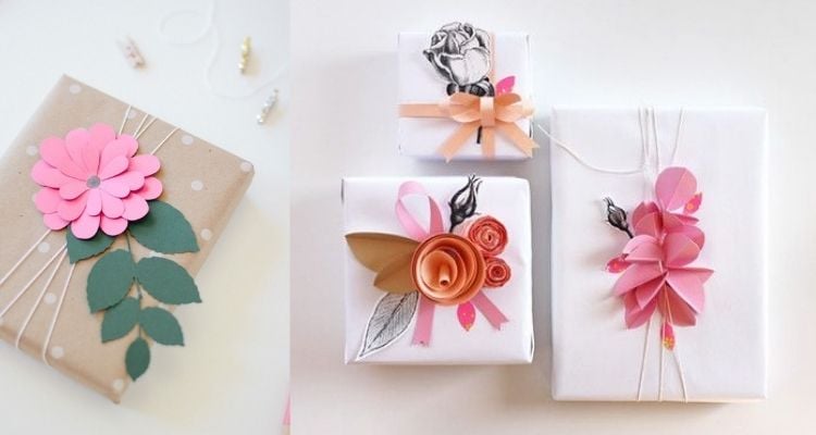 Embalagens criativas com aplicação de flores de papel