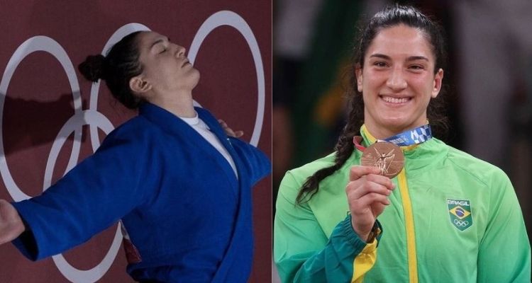 Montagem com duas fotos da judoca Mayra Aguiar nas Olimpíadas de Tóquio