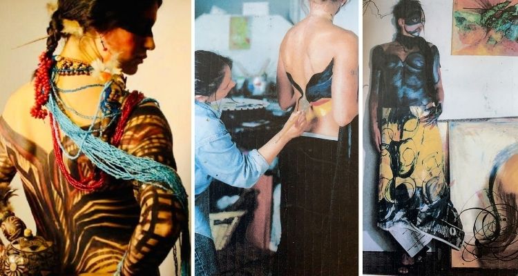 Montagem com três fotos de pintura corporal feita em mulheres