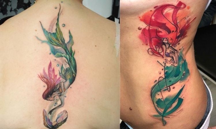 duas sereias coloridas tatuadas