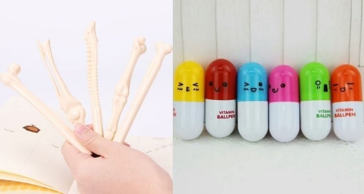 Montagem com dois modelos de caneta divertida: caneta de osso e caneta de pílula