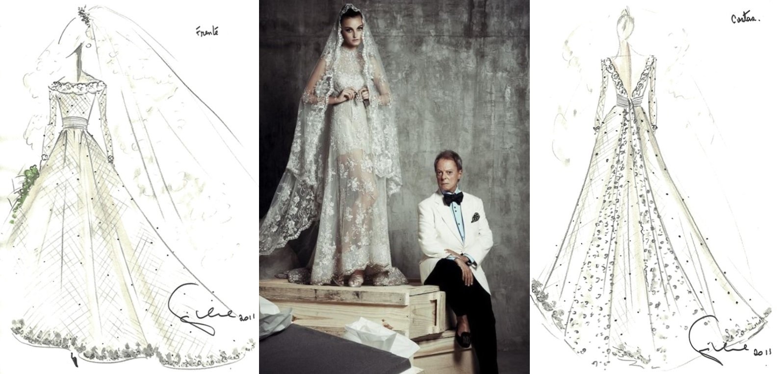Croquis de um vestido noiva de Guilherme Guimarães de 2011 feitos para um concursos de vestidos para o casamento de Kate Middleton e uma foto do estilista posando com uma modelo vestida de noiva