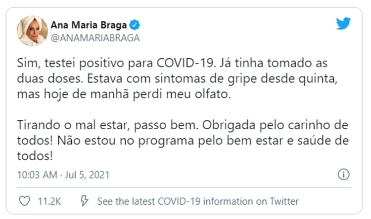 Print da publicação de Ana Maria Braga anunciando estar com Covid-19.